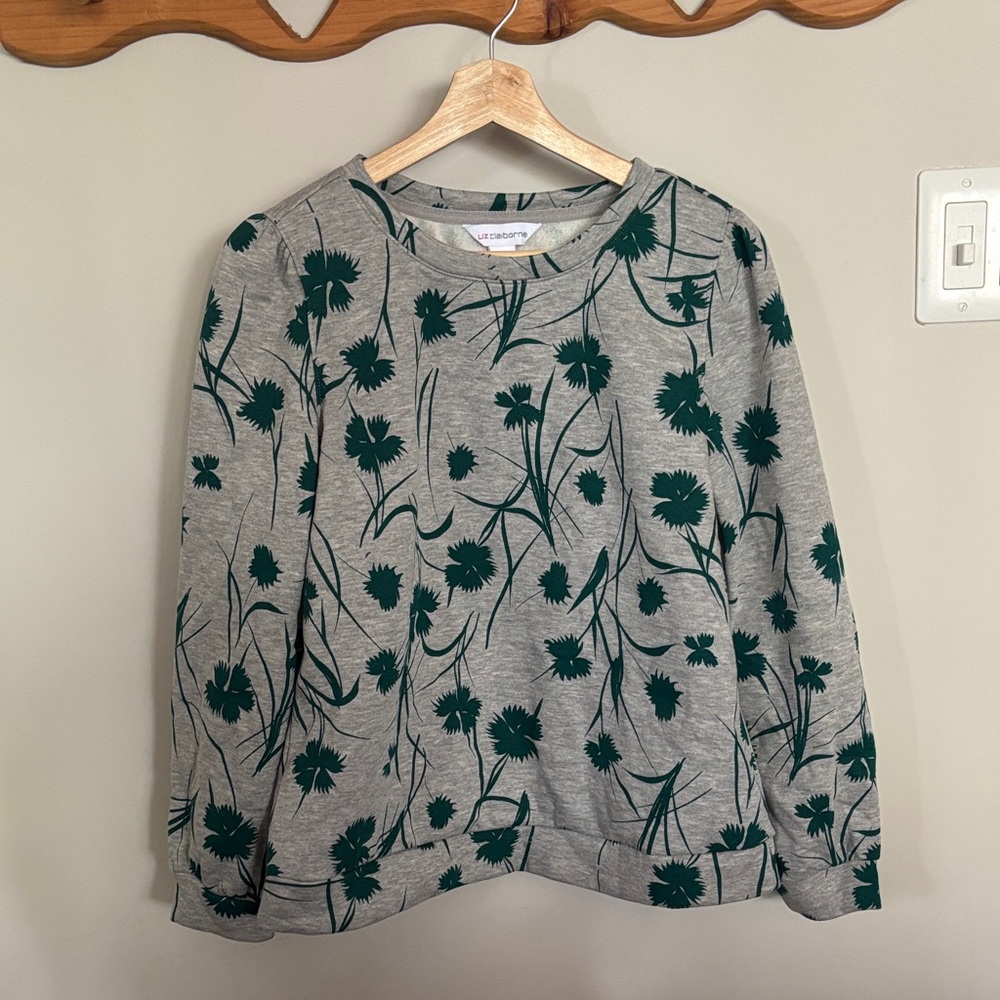 Liz Claiborne Gray Top with Green Floral Design